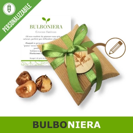 Bulboniera bomboniera personalizzabile con tag tondo, portaconfetti e bulbi