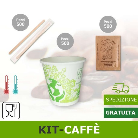 Kit 500 bicchieri caffe, 500 palette imbustate, 500 bustine zucchero canna