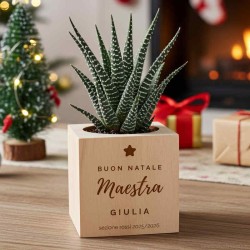 Idea regalo maestre pianta grassa in vaso di legno personalizzabile e shopper regalo