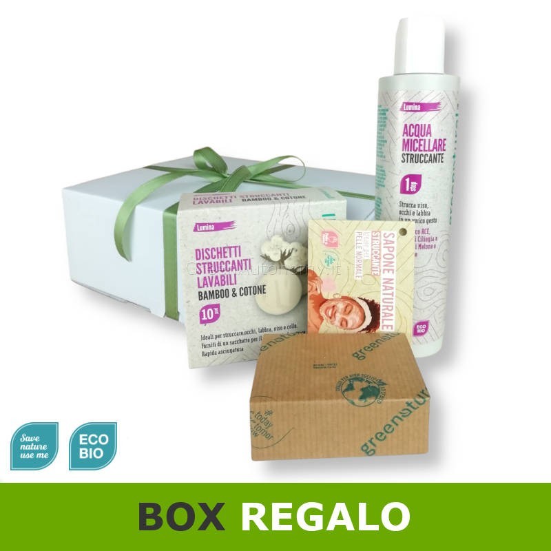 Set cosmetici struccanti eco con acqua micellare, sapone, dischetti lavabili