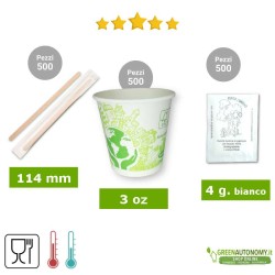 Kit eco 500 bicchieri caffè 3oz, palette imbustate, bustine zucchero bianco