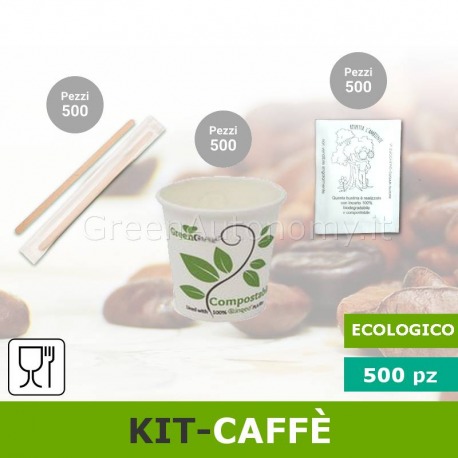 Kit 500 bicchieri caffè-palette-bustine zucchero bianco ecologico e compostabile